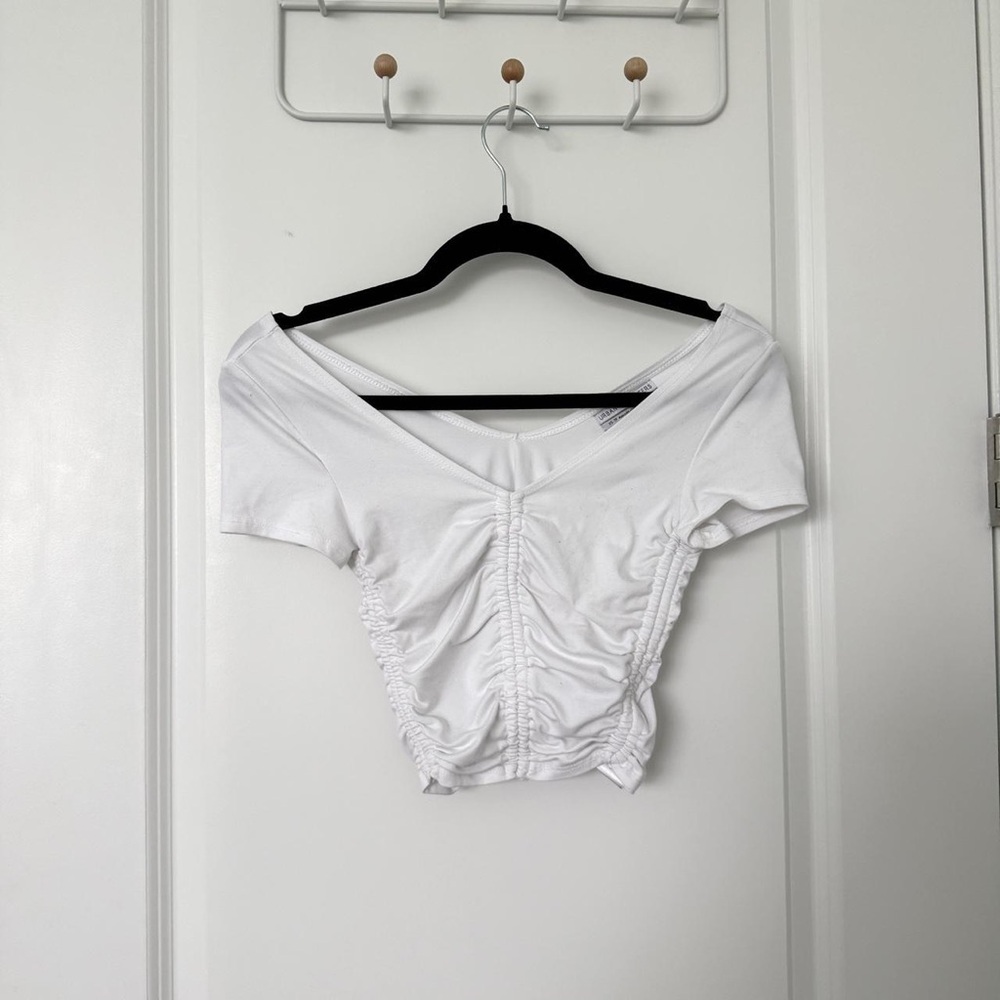 Urban Outfitters White Ruched V-Neck Off-Shoulder Crop Top